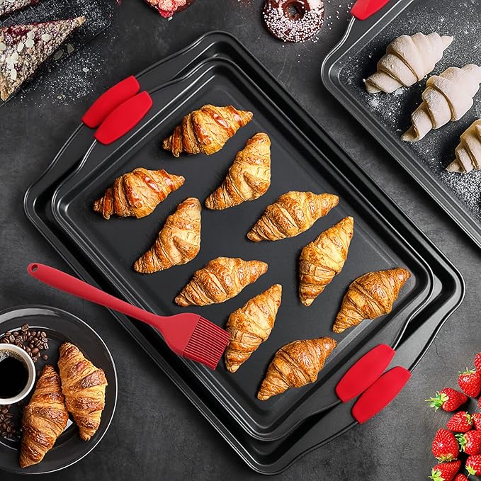 Baking Sheet Set, 3-Piece Cookie Sheet Set with Silicone Handles, Steel Baking Pans Set, Durable Baking Sheets for Oven, BPA Free Cookie Sheets for Baking Nonstick Set, Sheet Pan - Black Baking Pan