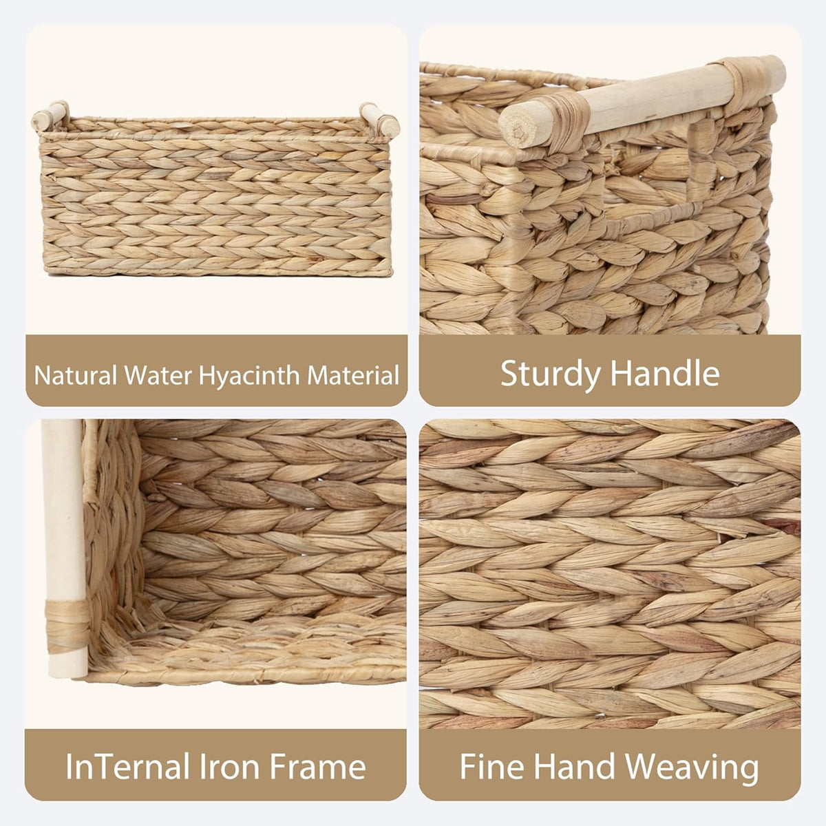 Handmade Water Hyacinth Woven Storage Baskets with Wooden Handles, Rectangle Rustic Organizer Set for Home Decor, Kitchen, Bedroom & Office (Medium)