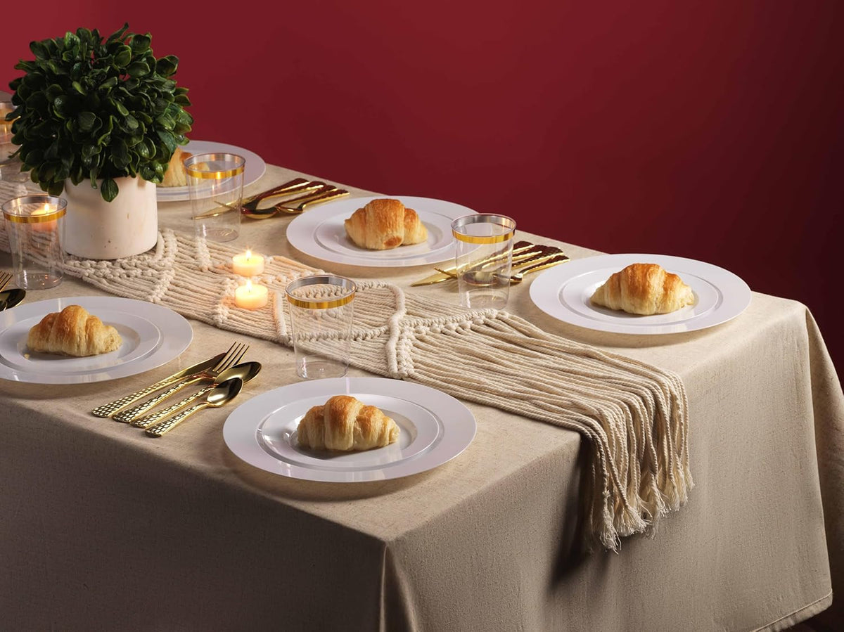 Munfix 00 White Plastic Plates Set, 50 Pcs 10 Inch Plastic Dinner Plates and 50 Pcs 7 Inch Plastic Dessert Plates, Elegant Fancy Heavy Duty Disposable Plates for Party, Wedding, White