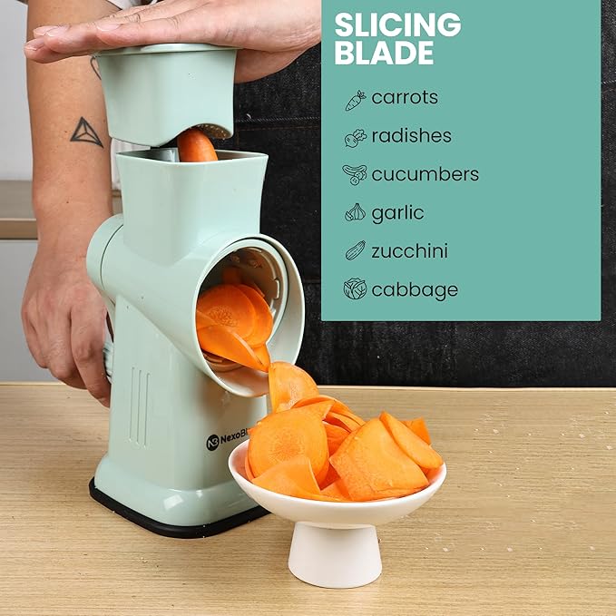 6 in 1 Rotary Cheese Grater Hand Crank with 6 Stainless Steel Blades, Cheese Shredder with Reinforced Suction Base, Grater For Cheese, Vegetables, Nuts and Ice, Easy to Clean