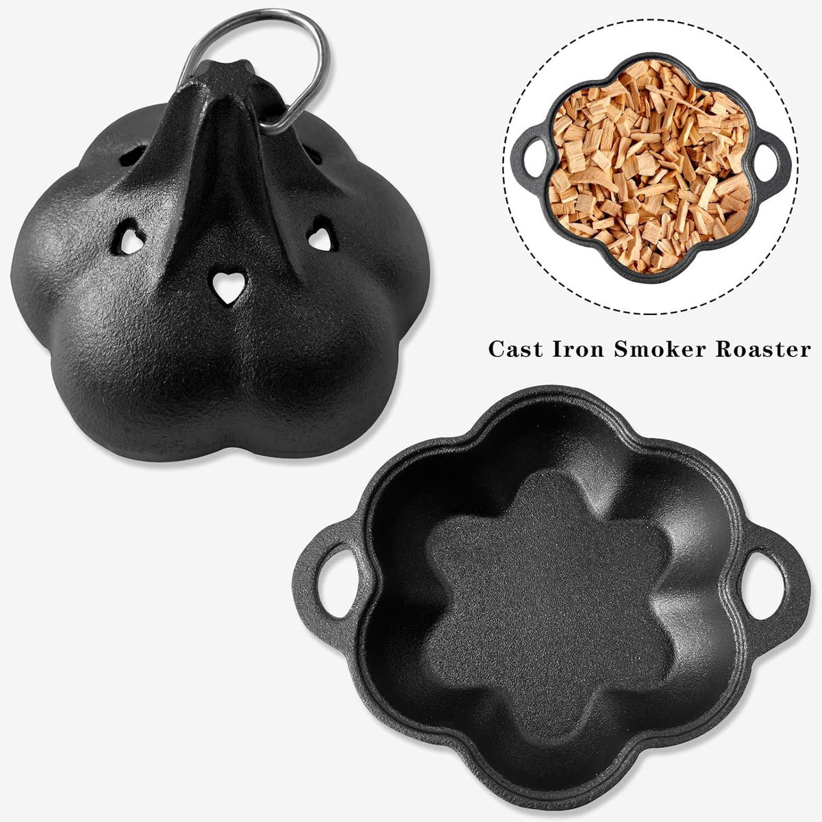 Cast Iron Smoker Roaster & Garlic Roster Baker, Smoker Box, Pre-Seasoned Cast Iron Garlic Roaster for Grill, Perfect for BBQ and Oven, for Smoky, Flavorful Vegetables, Meats or Wood Chips