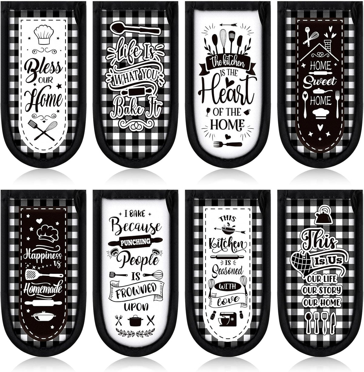 Patelai 8 Pcs Kitchen Them Cast Iron Skillet Handle Covers Heat Resistant Pan Handle Holder Sleeve Black and White Buffalo Plaid Non Slip Skillet Pot Holders Mitt for Kitchen BBQ Baking Cookware Decor