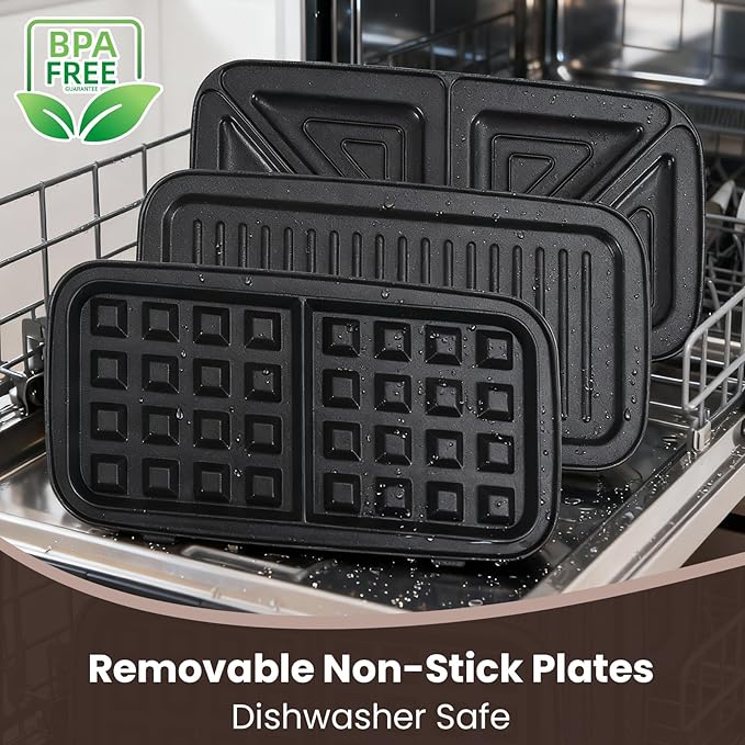 Waffle Maker with Removable Plates, 3-in-1 Sandwich maker and waffle and pancake maker, Nonstick Plates, 5-Level Browning Control & Ready Indicator Lights, Easy to Clean for Family Breakfast