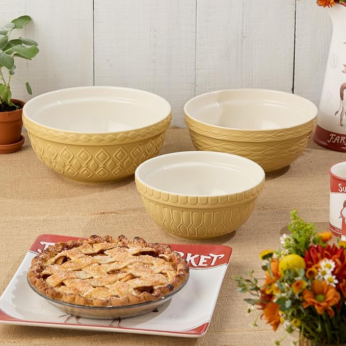 Vintage Farm Stoneware Mixing Bowl Set, 3-Piece, Includes 2 Qt, 3 Qt & 4.25 Qt Bowls, Embossed Patterns in Golden-Honey Finish, Durable & Nesting Design, Perfect for Mixing, Baking & Serving