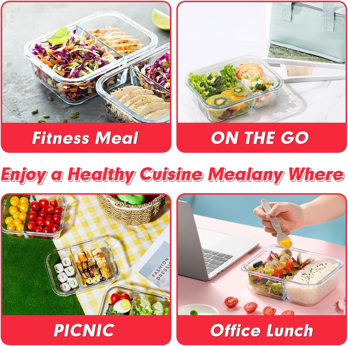 VERONES 10 Pack Glass Meal Prep Containers 2 Compartment Set, 36OZ Airtight Lunch Containers, Glass Food Storage Containers with Lids, for Microwave, Oven, Freezer & Dishwasher Friendly,Red