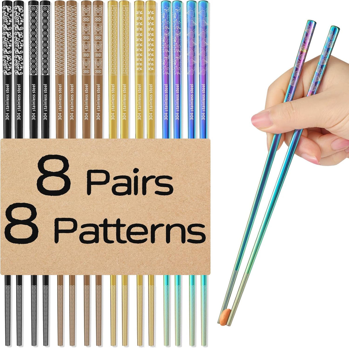 8 Pairs Metal Chopsticks Reusable Multicolor Stainless Steel Chopsticks Set Laser Engraved Non-slip Japanese Korean Chinese Chopstick for Cooking Eating Dishwasher Safe 9.25" Chop Sticks Gift Set