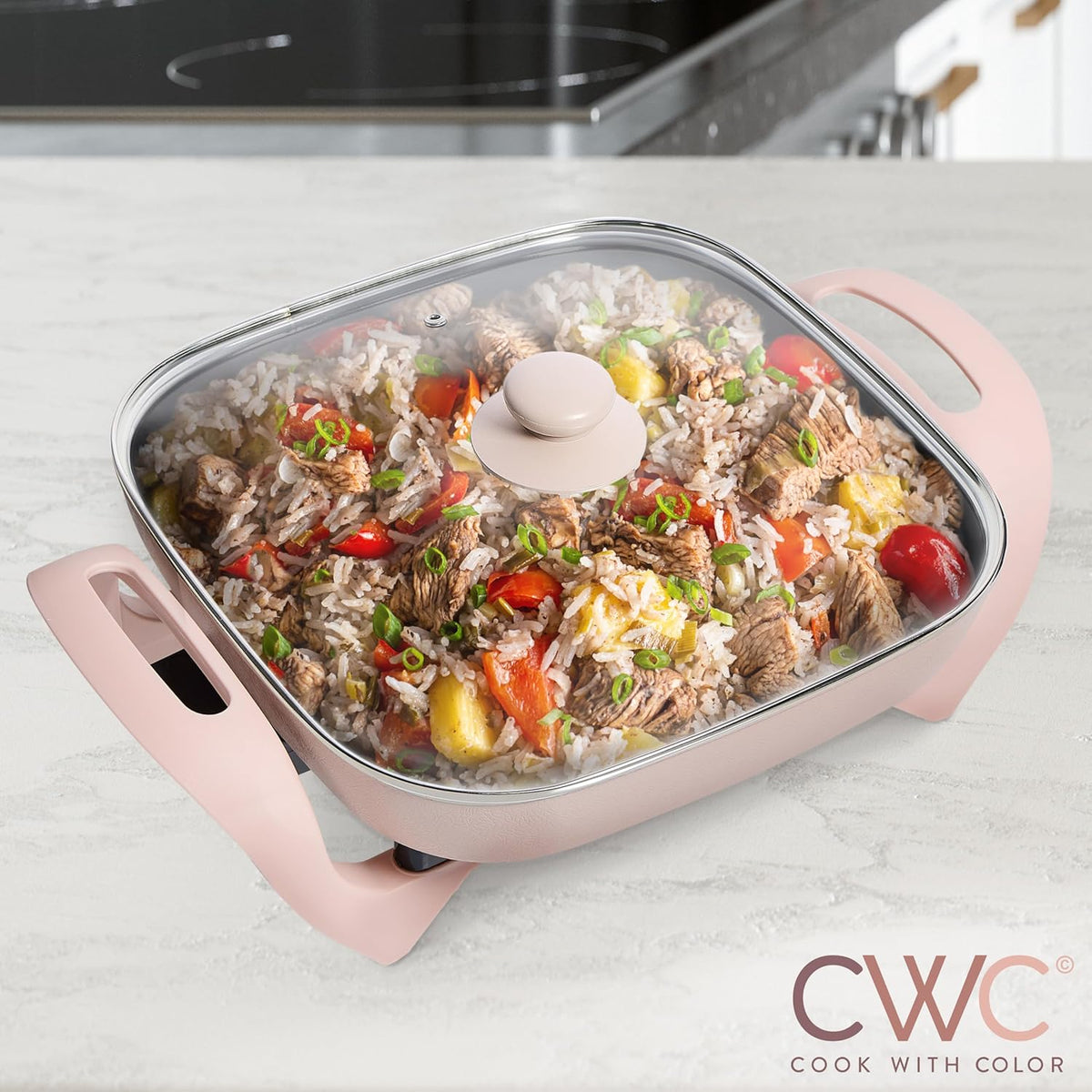 COOK WITH COLOR Electric Skillet - 12" x 12" Ceramic Nonstick Pan, PFAS-Free, 1400W, Tempered Glass Lid, Variable Temperature, Removable Heating Probe, Cool-Touch Handles, Blush