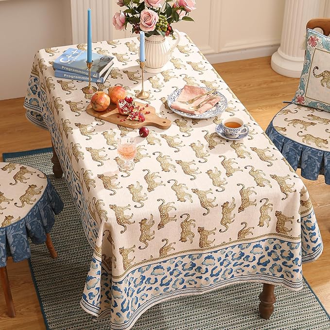 patdrea Designer Vintage Linen Table Cloth for Rectangle Table,Leopard Animal Pattern Soft Breathable Tablecloth,Decor Cover for Kitchen Dining,Christmas,Parties,Thanksgiving,63"x87"-from