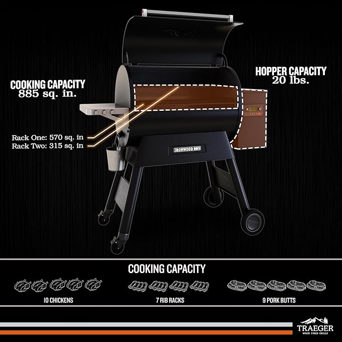 Traeger Ironwood 885 Wood Pellet Grill and Smoker, WiFi Pellet Smoker Grill with Super Smoke Mode, D2 Controller, Large 885 sq. in. Cooking Area, Outdoor BBQ Electric Pellet Smoker, TFB89BLFC