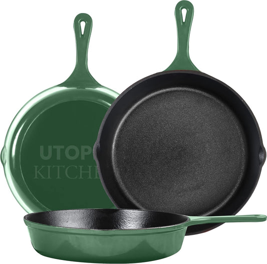 Utopia Kitchen Cast iron Skillets 3 Piece Set, Chefs Pan, Pre Seasoned Cast iron Skillets, 6, 8 & 10 Inches, Easy Use in the Oven, Stove, Grill, or Campfire, Green