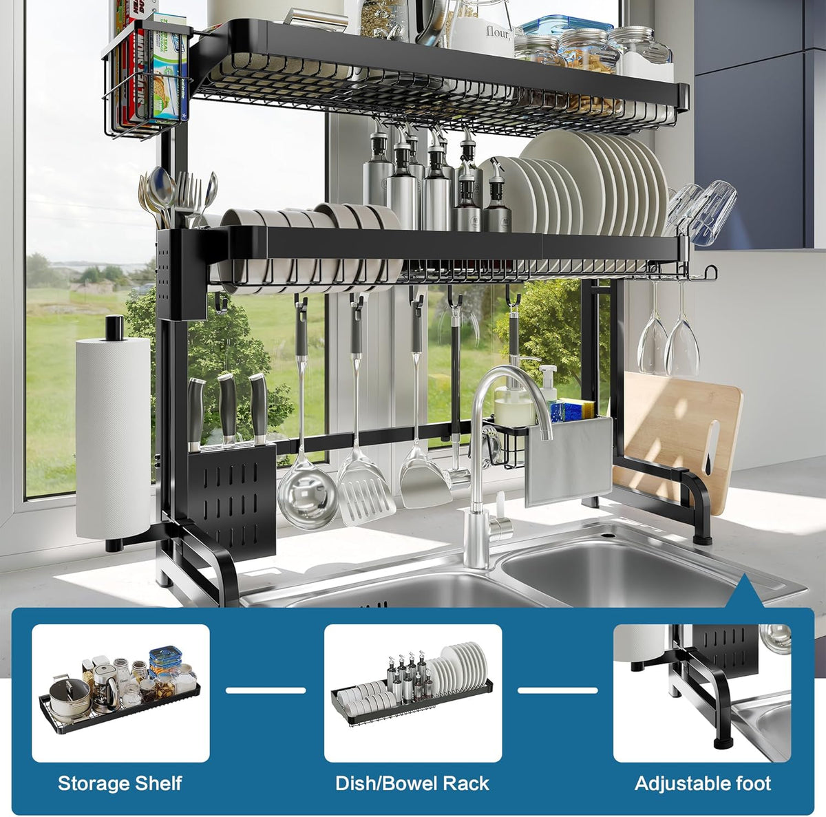 Over The Sink Dish Drying Rack,3 Tier Adjustable Length Full Stainless Steel Large Storage Kitchen Dish Rack,for Kitchen Counter Expandable Multifunctional Organizers,Silver(25.5'' to 37.4'')