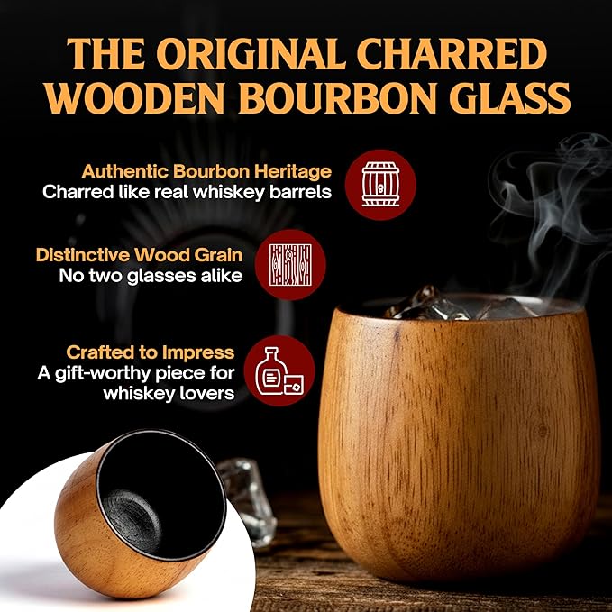 The Original Charred Wooden Bourbon Drinking Glass Bourbon Gifts for Men | Whiskey Glasses For Dad | Great Whiskey Gifts for Men Who Have Everything | Perfect Presents For Boyfriend or Dad (2 Pack)
