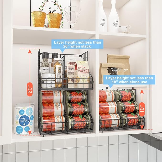JKsmart 4 Pack Stackable Can Organizer for Pantry with Adjustable Dividers, Soda Can Organizer, Can Storage Dispenser Holds up to 56 Cans, Metal Wire Baskets Can Holder for Kitchen Cabinet Pantry