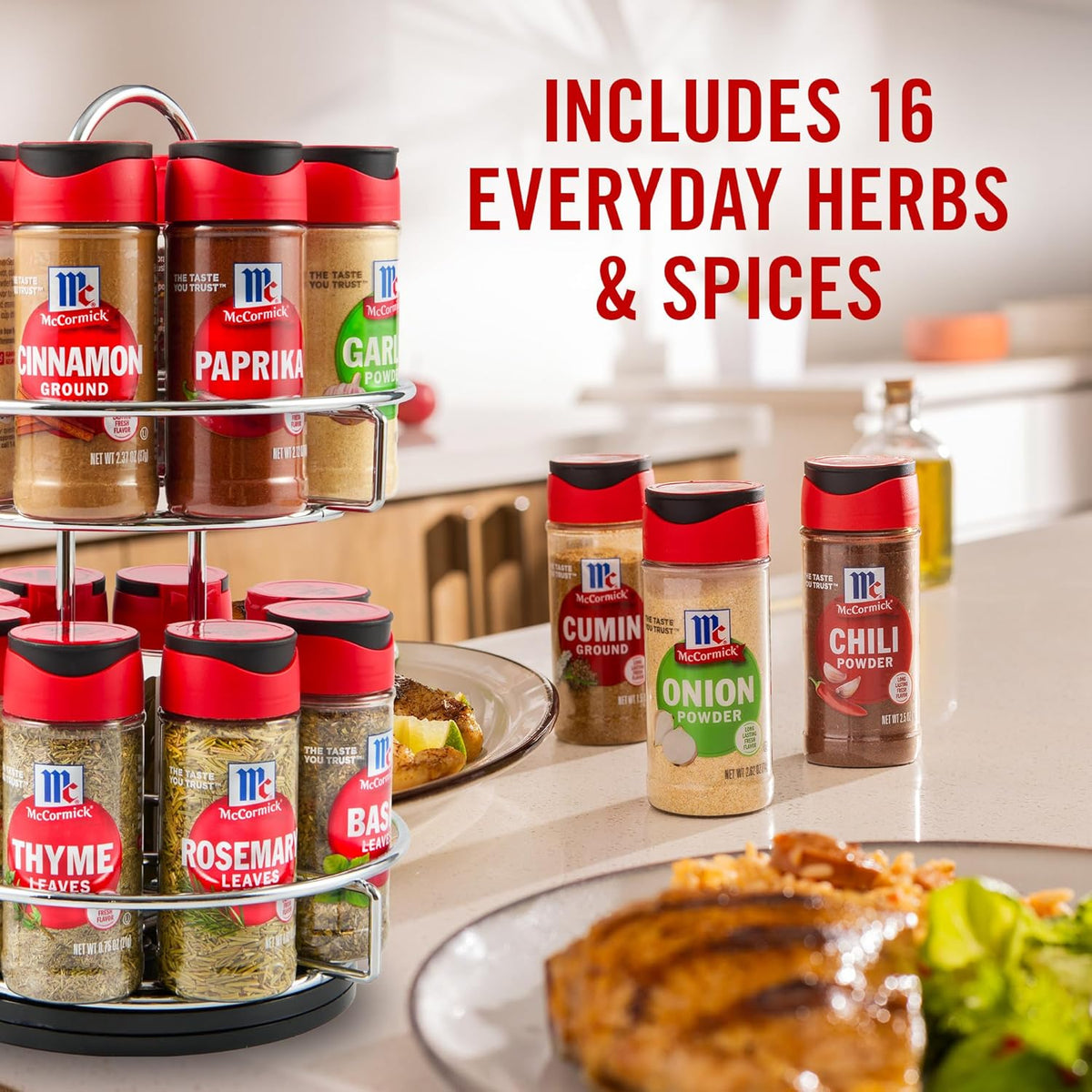 McCormick Spice Rack, Two Tier Chrome, Featuring 16 Herbs & Spices for Everyday Cooking, Great Gift for Housewarming, Wedding & Bridal Shower, 26.09 oz