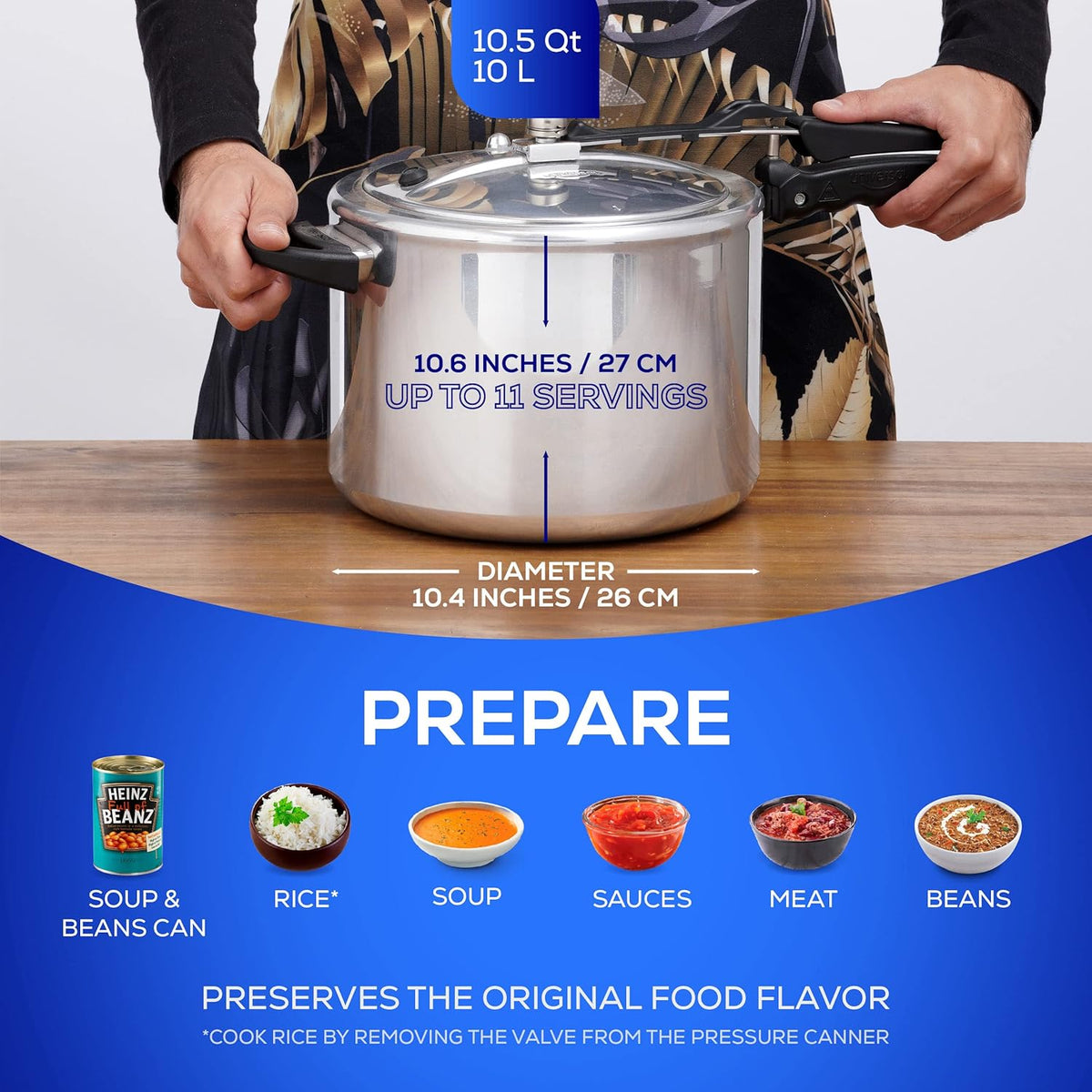 Universal (10.5 Quart / 10 Liter) Pressure Cooker, 11 Servings, Aluminum Pressure Cooker With Multiple Safety Systems and Heat Resistant Handles For Stews, Soup, Meat, and Beans