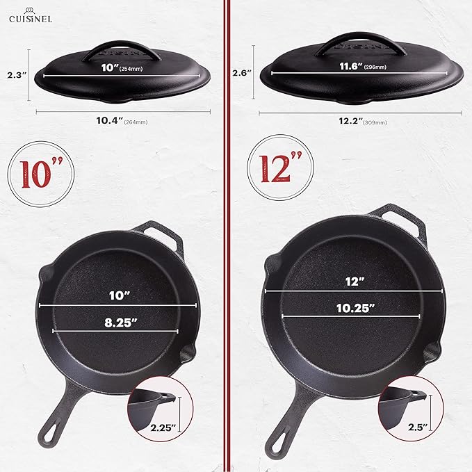 Cast Iron Skillet Set with Lids - 10"+12"-inch Pre-Seasoned Covered Frying Pan Set + Silicone Handle and Lid Holders + Scraper/Cleaner - Use Indoor/Outdoor, Oven, Stovetop, Fire, BBQ Kitchen Cookware