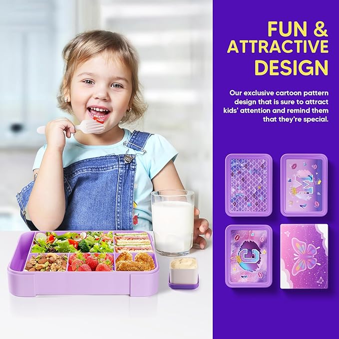 JYPS Bento Box for Kids,Leak-Proof Kids Lunch Box with 6 Compartments,Sauce Container,Utensils,BPA Free Microwave/Dishwasher Safe Lunch Container for Girls and Toddlers Back to School-Purple M