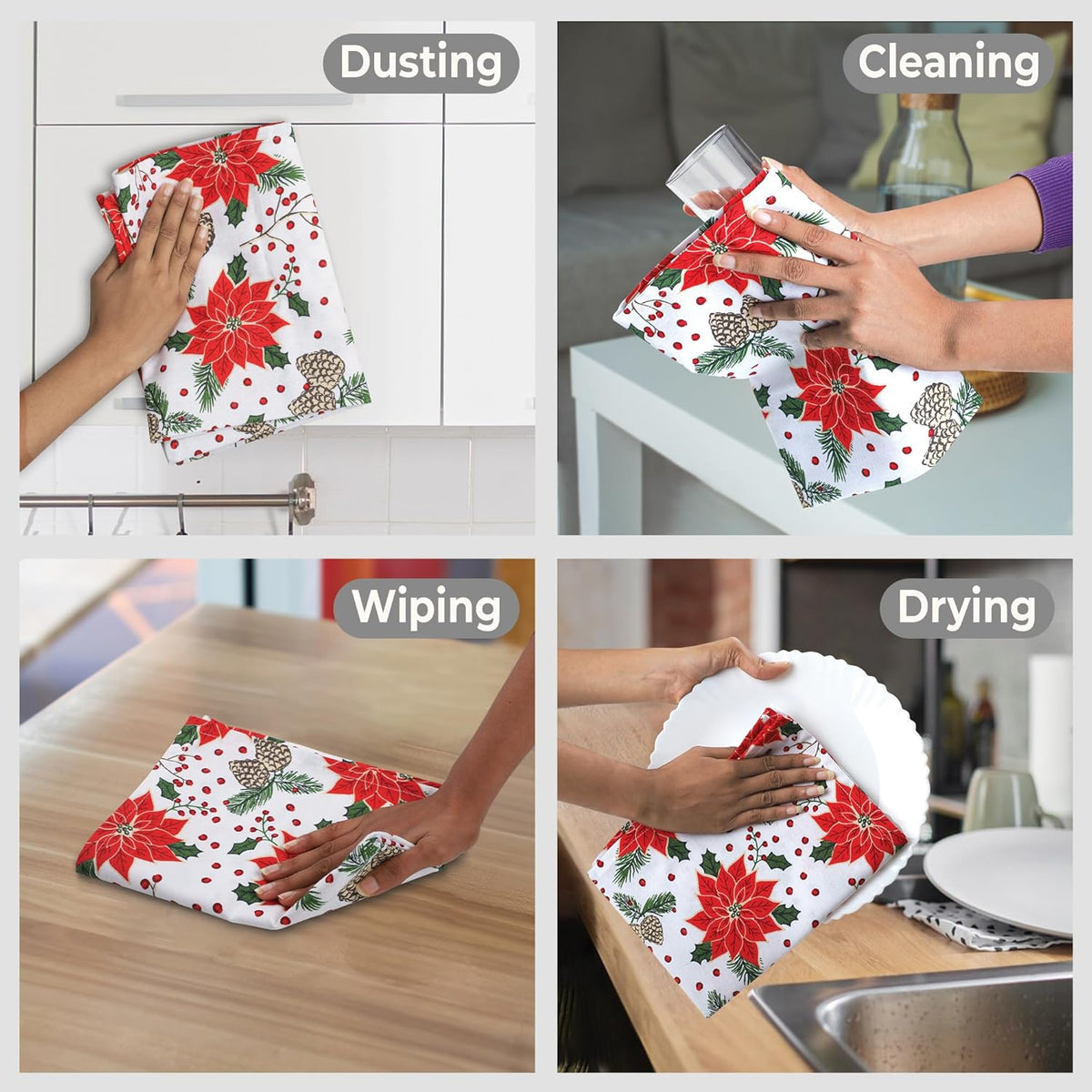 Urban Villa Christmas Kitchen Towels Pine Cone Print Multi Color, Premium Quality,100% Cotton Dish Towels Mitered Corners (Size: 20X30 Inch), Highly Absorbent Bar Towels & Tea Towels - (Set of 6)