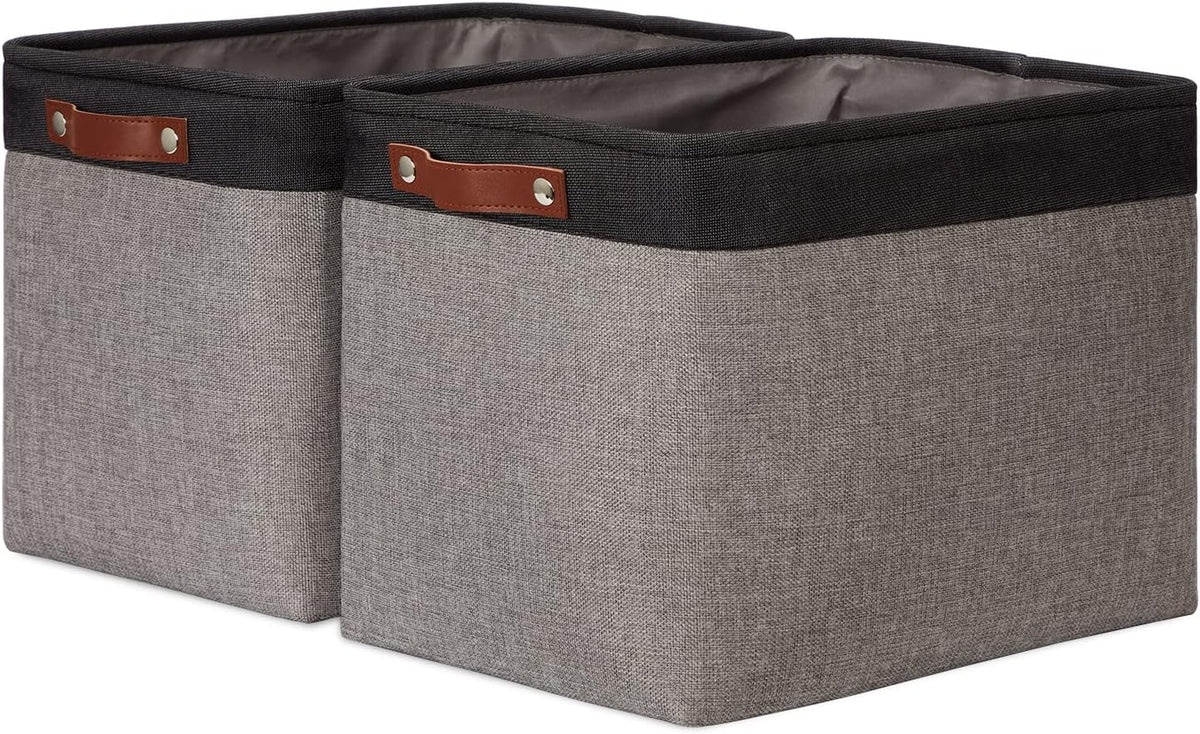 DULLEMELO Storage Bins 16"x12"x12" With Leather Handles for Organizing,Decorative Collapsible Storage Baskets for Shelves Closet Home Office (Black&Grey)