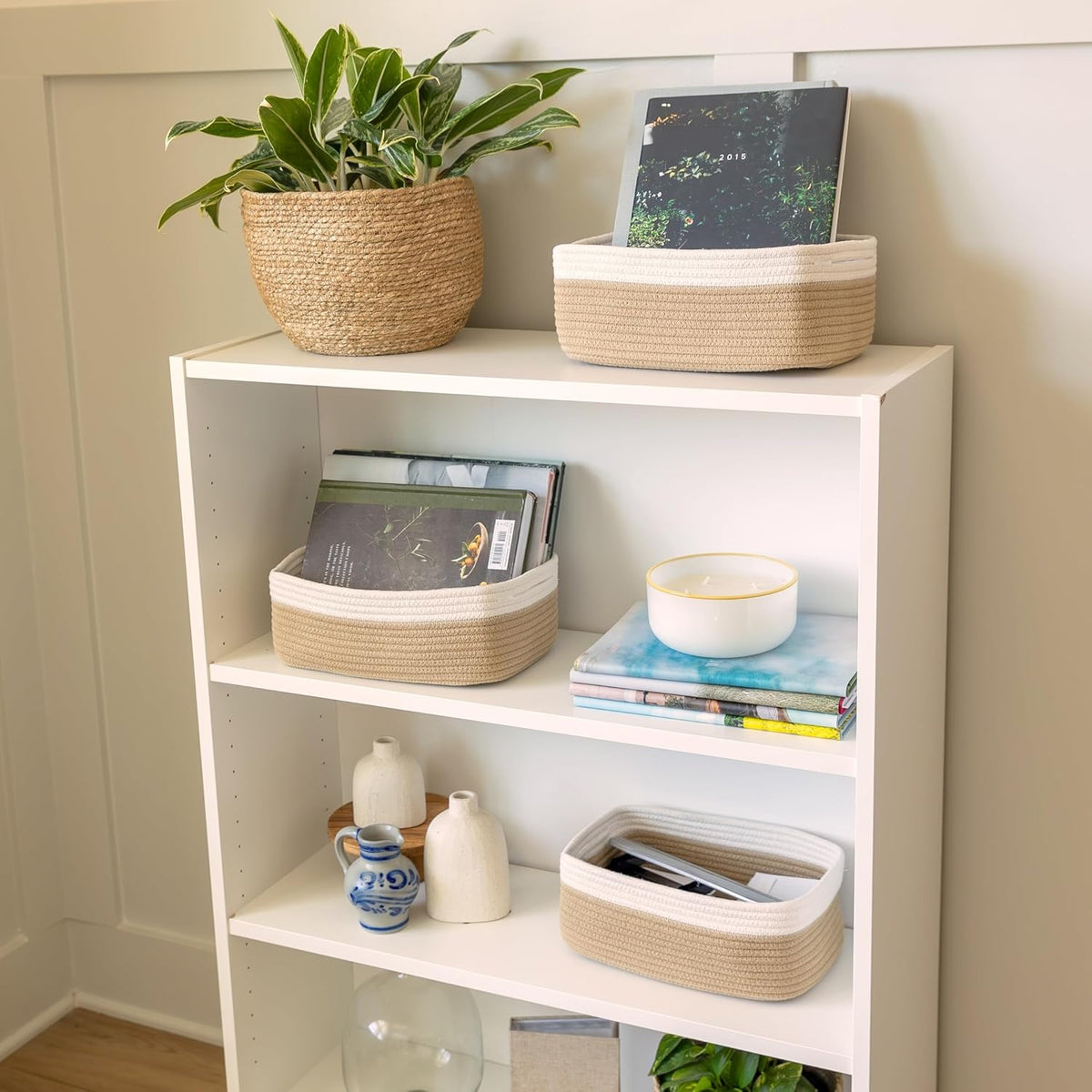 NaturalCozy 11.8"x8"x4.5” Storage Baskets for Shelves 3 Pack | Cotton Rope Woven Small Baskets for Organizing | Small Storage Bins for Nursery, Bathroom, Closet, Cube Shelf, Decorative, Gift Basket