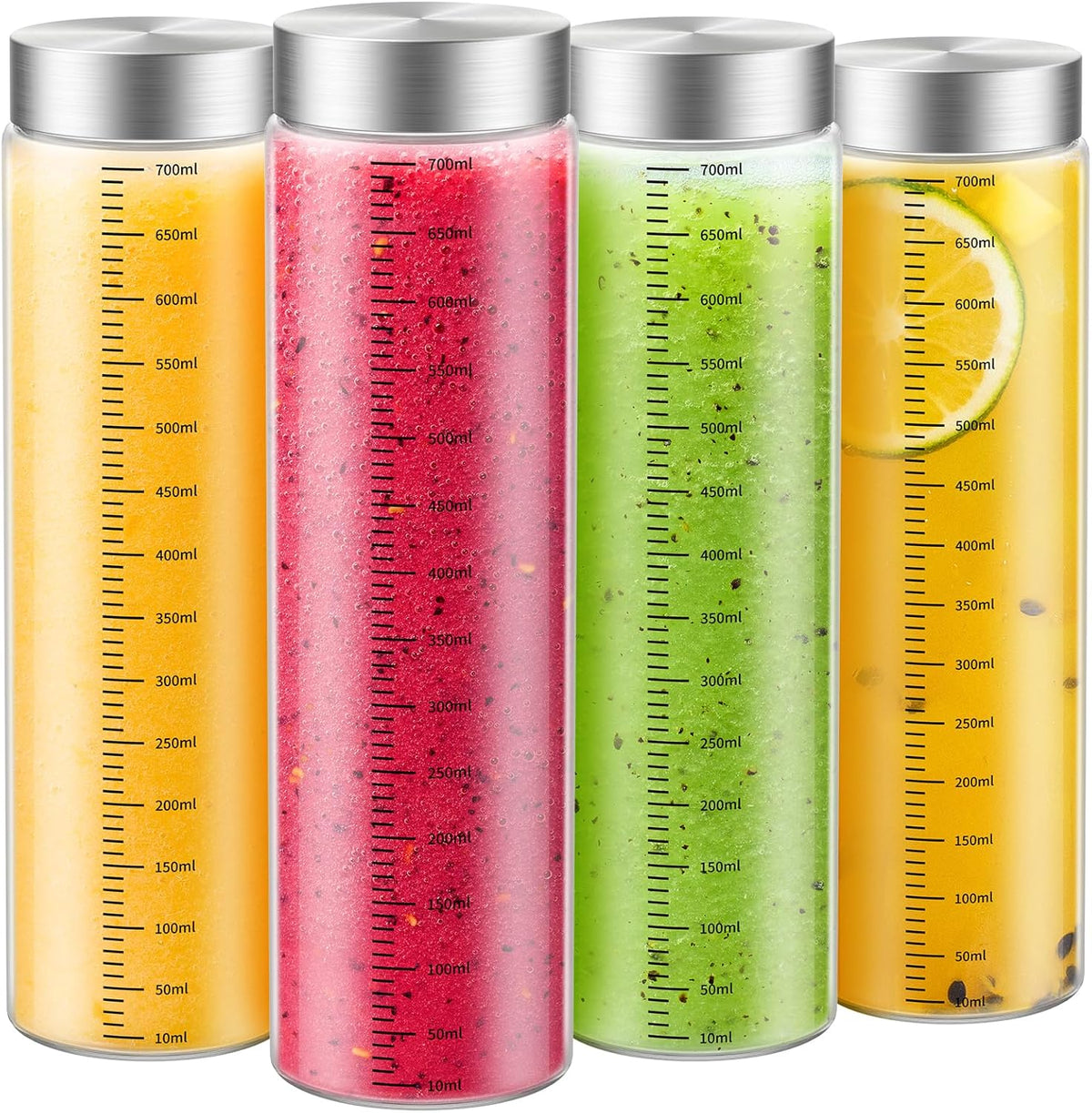 25 Oz Glass Juice Bottles, 4 Pack Glass Bottles with Lids, BPA Free, Borosilicate Glass, Leak Proof Lids for Juicing, Smoothies, Infused Water, Beverage Storage, Shaker Bottles