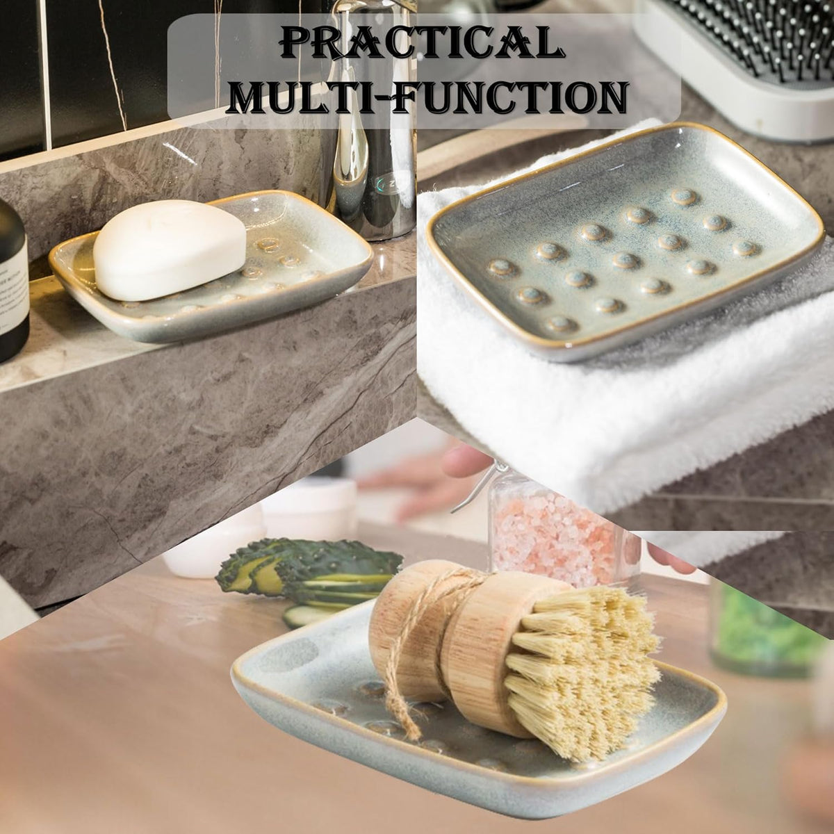 Soap Dish for Shower, Ceramic Soap Dish Non-Slip Soap Holder Bar Saver Tray for Bathroom Kitchen Sink, Floating Point Design Save Soap Loss