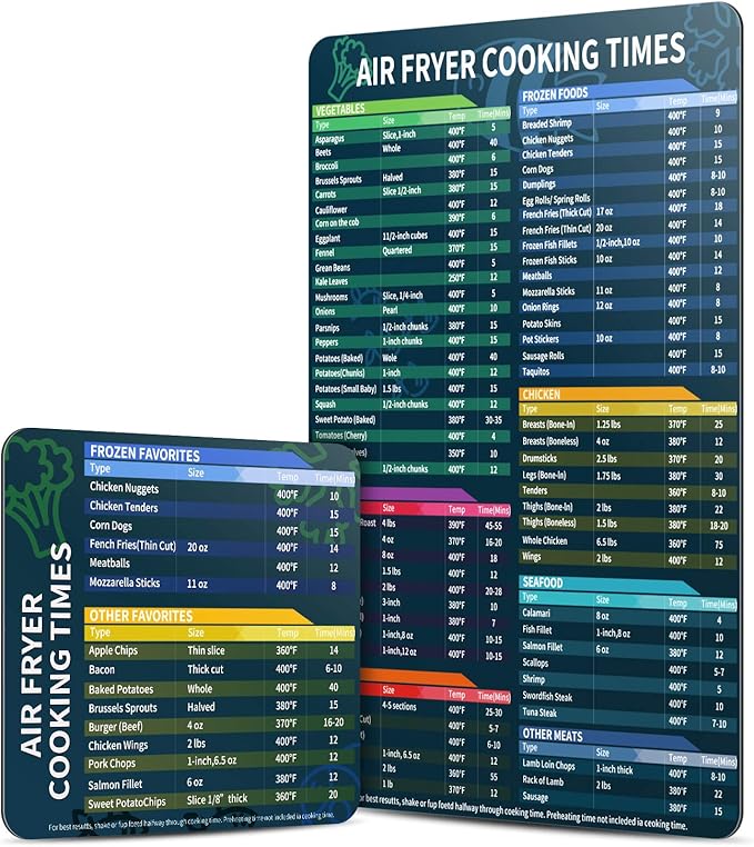 Air Fryer Magnetic Cheat Sheet Set, Cook Times Chart Air Fryer Accessories Magnet Sheet Quick Reference Guide for Cooking and Frying, Easy to Use, Excellent Kitchen Assistant