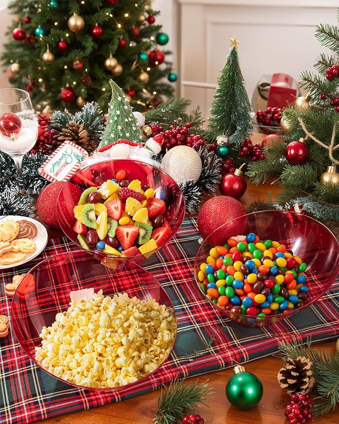 bUCLA 12 Pack Clear Red Plastic Serving Bowls - 54 OZ Christmas Angled Serving Bowls Disposable for Chip, Candy, Salad & Fruit - Ideal for X’mas Party
