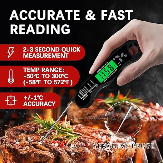 Meat Thermometer Digital，IP67 Waterproof Cooking Thermometer with Backlight, Calibration & Hold Function，Food Thermometer for Cooking,Outdoor Grilling，Suitable as Stocking Stuffers for Men
