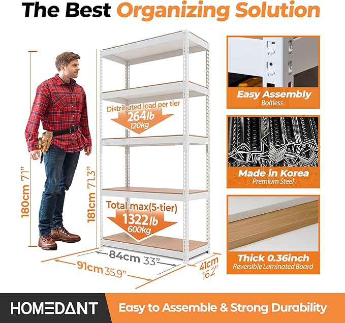 HOMEDANT 5 Tier White Storage Shelves Adjustable Laminated Boltless Garage Metal Shelving Unit Heavy Duty Utility Rack Shelf Warehouse Pantry Closet Kitchen 35.9" W x 16.2" D x 71.3" H White 3Pack