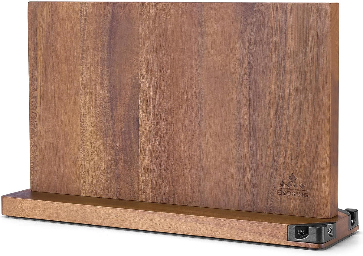 ENOKING 15.2" Extra Large Magnetic Knife Block with Dual Sharpeners, Acacia Wood Knife Holder & Display Stand with Strong Magnets