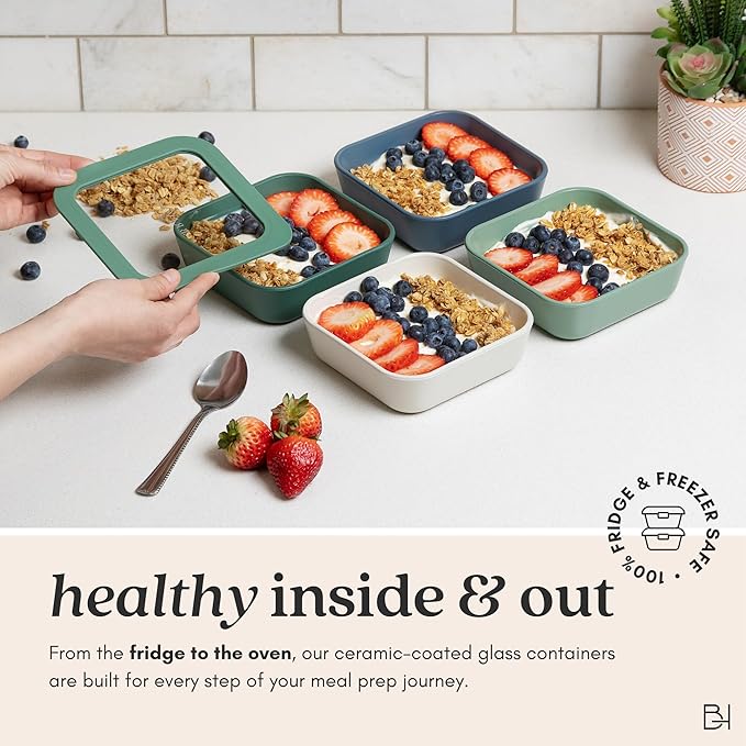 Ceramic Coated Glass Food Storage Container | No PTFE, PFOA, PFAS, and BPA | Reusable Non Toxic Meal Prep Container with Glass Lid | Easy To Store | 6 Piece Food Prep [Smoke]