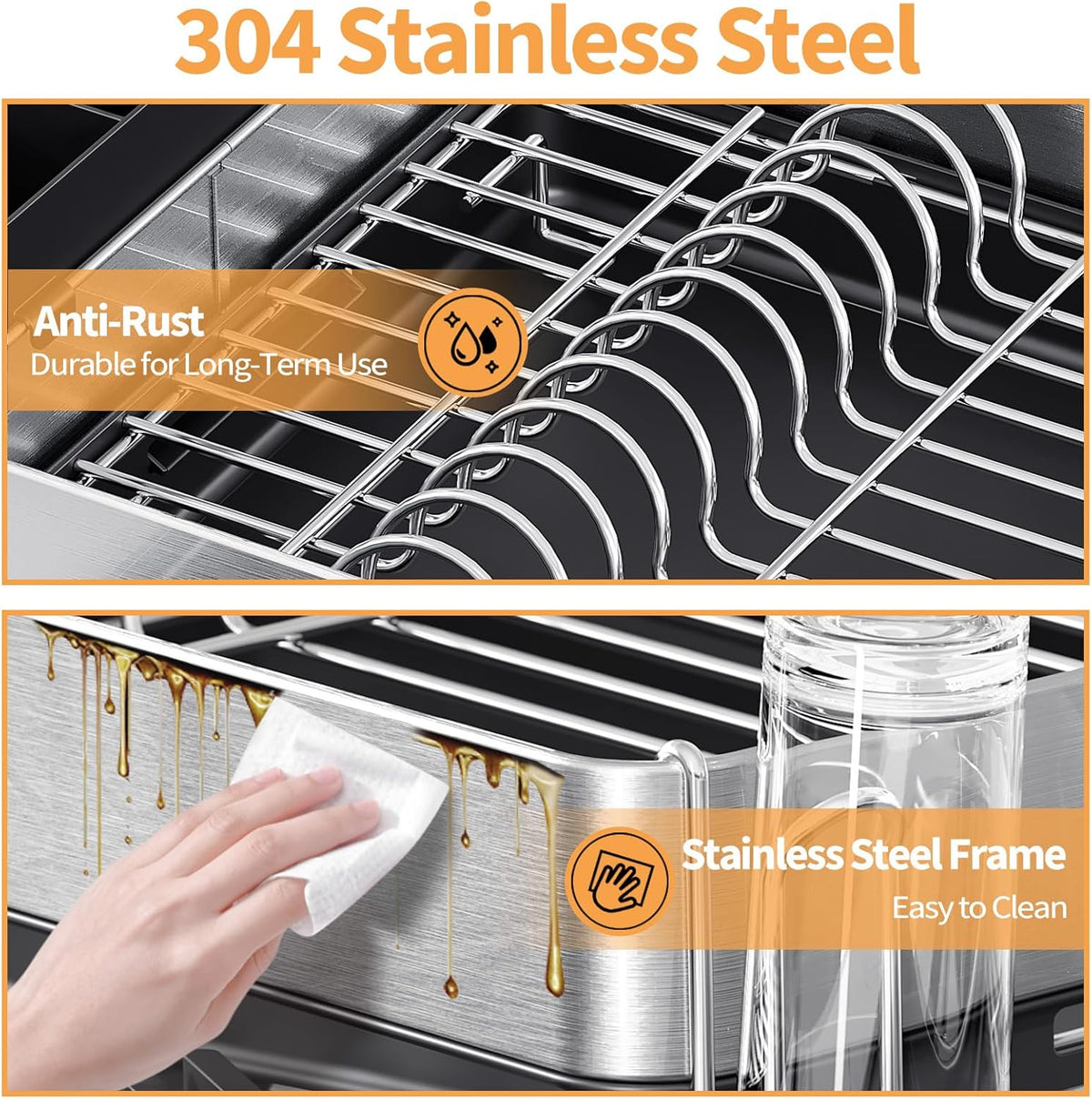 Dish Rack for Kitchen Counter, 304 Stainless Steel Dish Drying Rack, Expandable Dish Drainer, Foldable Dish Strainer with Cutlery Holder, Kitchen Plate Rack (Black, Large Size)
