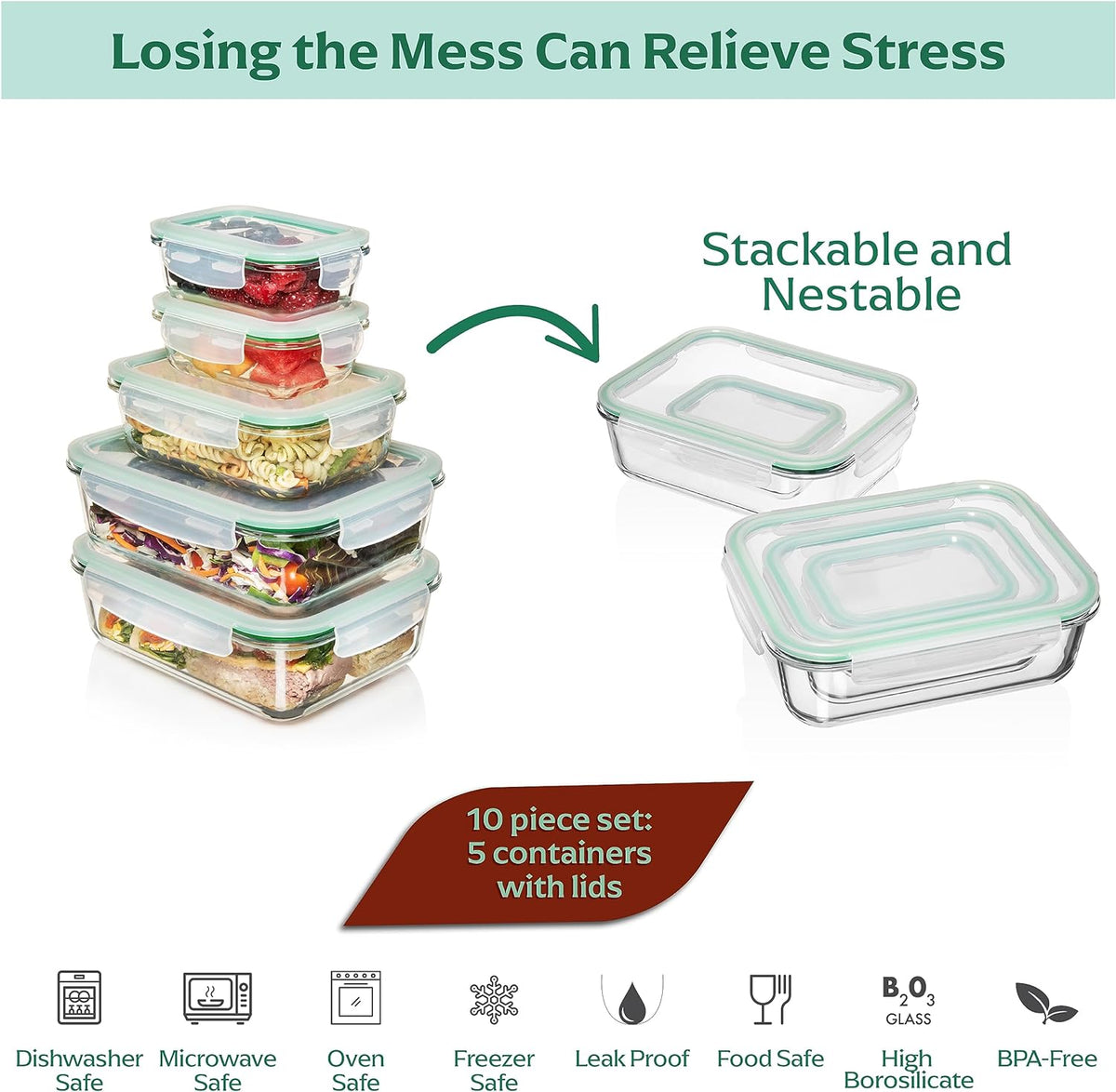 Fusion Gourmet Large Glass Food Storage Containers with Lids [5 Pack, 72 oz, 9 Cup], Airtight, Leakproof, Microwave and Oven Safe Borosilicate Glass
