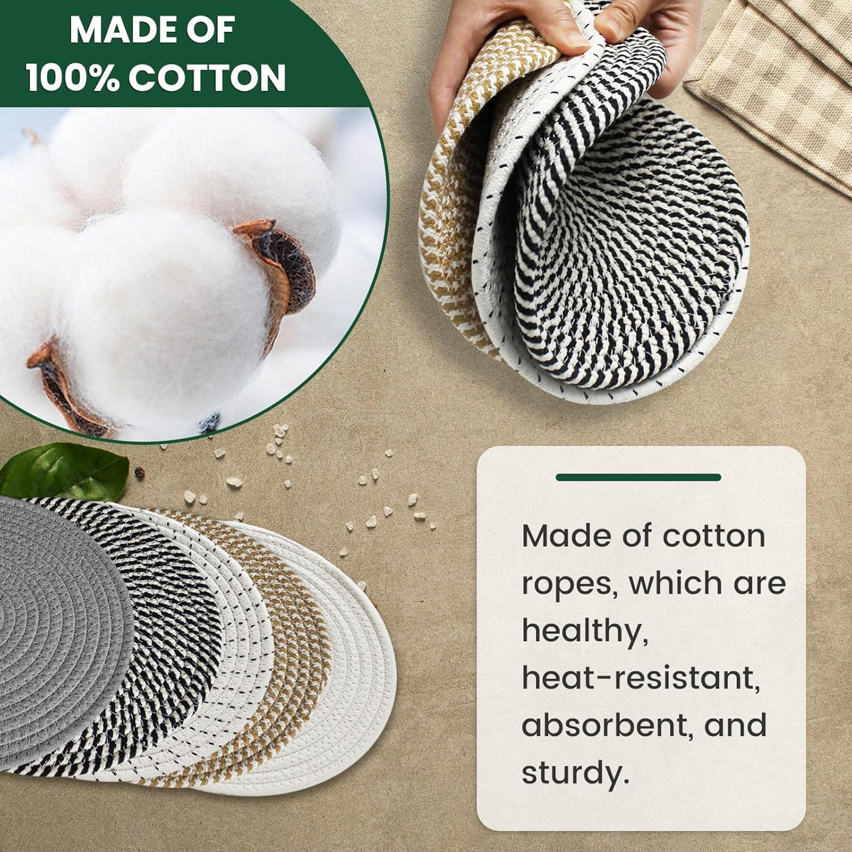 RIOOP 10 Inches Trivets for Hot Dishes, Pots and Pans with Storage Basket, 5 Heat Resistant Large Coaster for Kitchen, Hot Pads Mats for Countertops Table Kitchen Essentials Farmhouse Halloween Decor