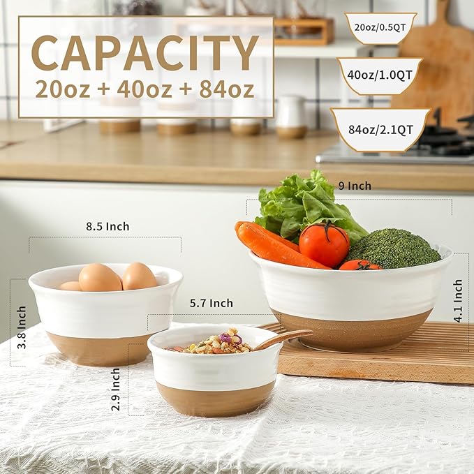 Ceramic Bowls Set, Large Mixing Bowls Set of 3 for Cooking, Baking, Prepping, Nesting, Stoneware Serving Bread Bowls for Kitchen, 2.1/1.0/0.5 Qt, Oven, Dishwasher, Microwave Safe, White