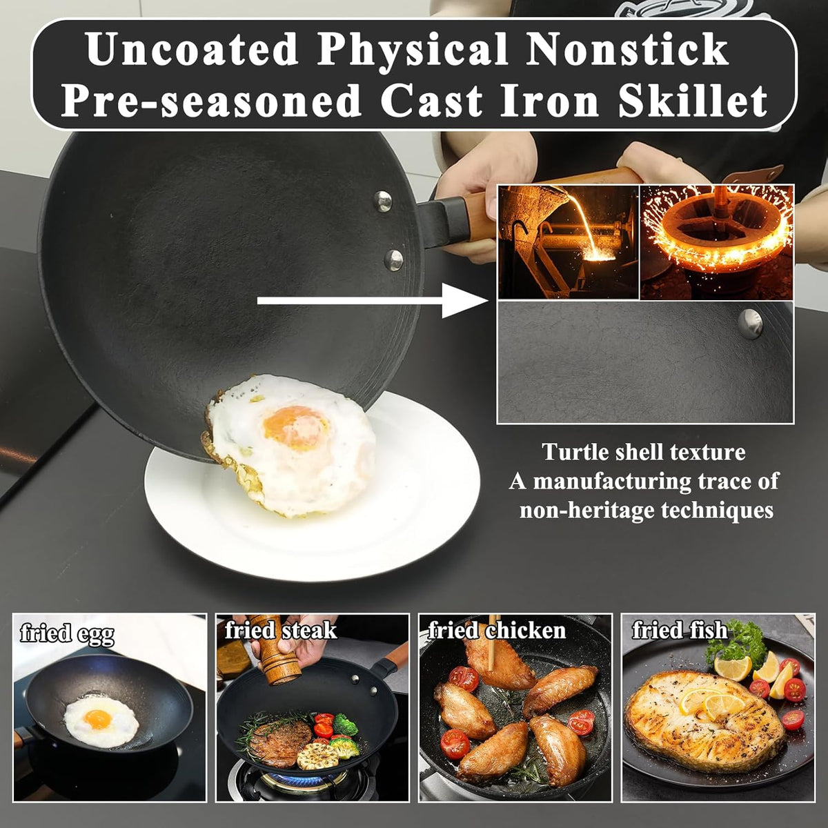 10 inch Omelette Pan, Uncoated ICH Clay Mold Cast Iron Egg Frying Pan with Wood Handle, Preseasoned Lightweight Healthy Small Skillet for All Stoves