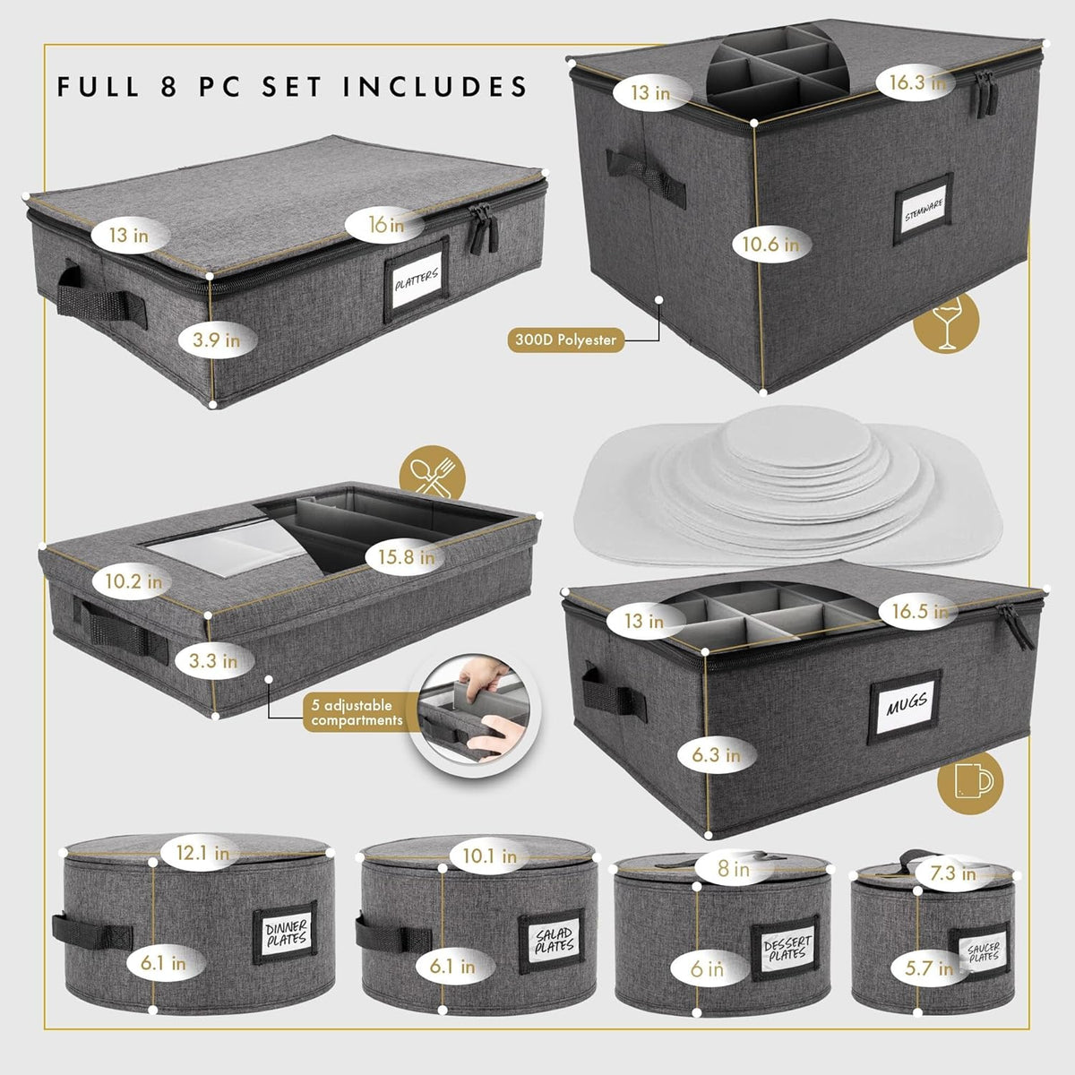 Homelux Theory 2pc Dessert Storage with Lid, Hard Shell China Storage Containers, Heavy Duty Dinnerware Storage Box with 24 Felt Pads and Thick Surface for Dishes and Dinner Plate, Move Out Essentials
