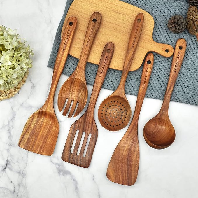 GreyWooden Kitchen Utensil Set, 6Pcs Wooden Cooking Utensils for Non-Stick Pan, 100% Natural Teak Wooden Spatula