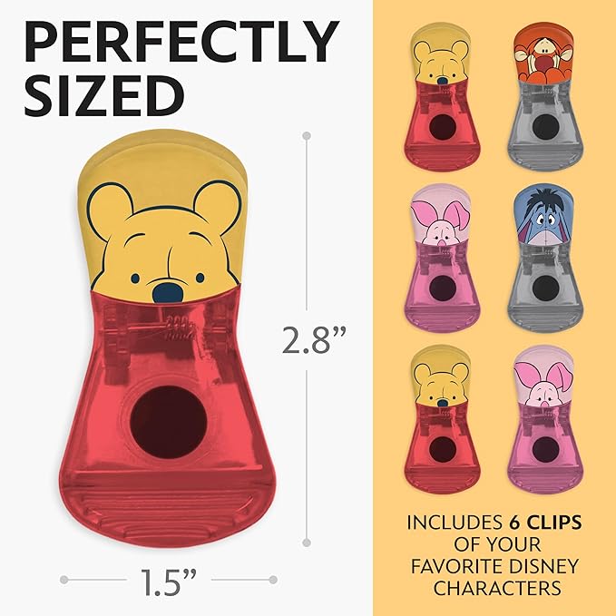 Disney Magnetic Chip Clips – Set of 6 Bag Clips for Food Storage - Mickey, Minnie, Lilo & Stitch, Winnie The Pooh – Durable & Airtight for Pantry & Fridge Use