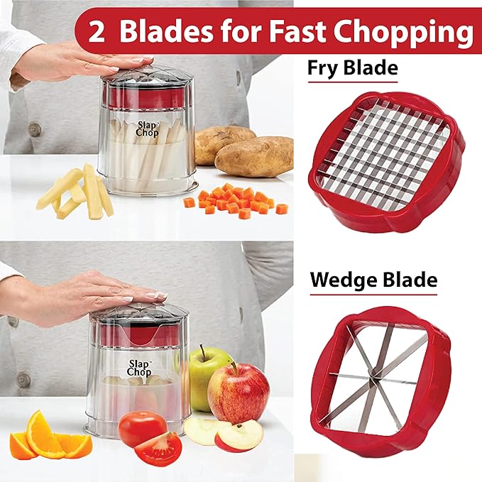 Slap Chop French Fry Potato Cutter Onion Chopper Apple Dicer - Easily Cut in Seconds - Stainless Steel Blades - No Mess Container - Slice French Fries, Fruit, and More - Dishwasher Safe
