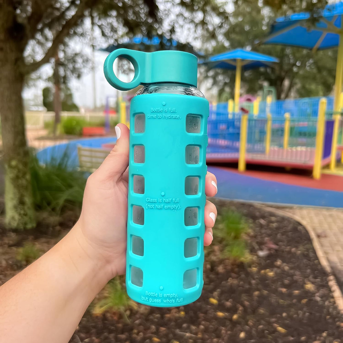 purifyou 40oz / 32oz / 22oz / 12oz Borosilicate Glass Water Bottle with Time & Volume Markers, Silicone Sleeve, Stainless Steel Lid – Reusable Glass Bottle for Water & Juice (12oz Aqua Blue)