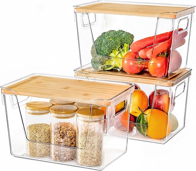 Criusia 3 Set Pantry Organizers and Storage with Bamboo Lids, Stackable Clear Bins for Onion, Potato, Fruit, Vegetables, Trash Bag Dispenser, Kitchen and Under Sink Organizer