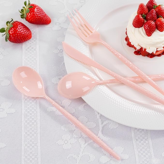 LIYH 150 Pcs Pink Plastic Cutlery Sets - Pink Plastic Silverware Heavyduty, Disposable Utensil Sets, 50 of Each Forks, Knives & Spoons Flatware Set for Party Birthday