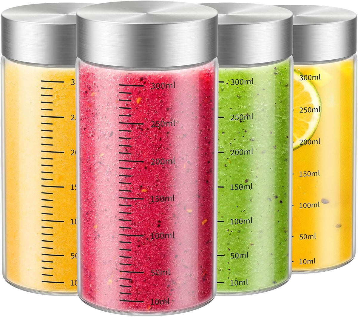 11 Oz Glass Juice Bottles with Lids, 4 Pack Glass Bottles, BPA Free, Borosilicate Glass, Leak Proof Lids for Juicing, Smoothies, Infused Water, Beverage Storage, Shaker Bottles