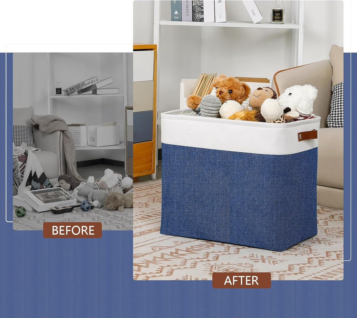DULLEMELO Extra Large Storage Baskets, Fabric Storage Bins for Organizing Shelves Nursery Toys Books, Closet Baskets and Bins with Handles, White&Blue, 2-Pack