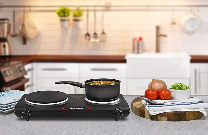 Elite Gourmet EDB-302BF Countertop Double Cast Iron Burner, 1500 Watts Electric Hot Plate, Temperature Controls, Power Indicator Lights, Easy to Clean, Black