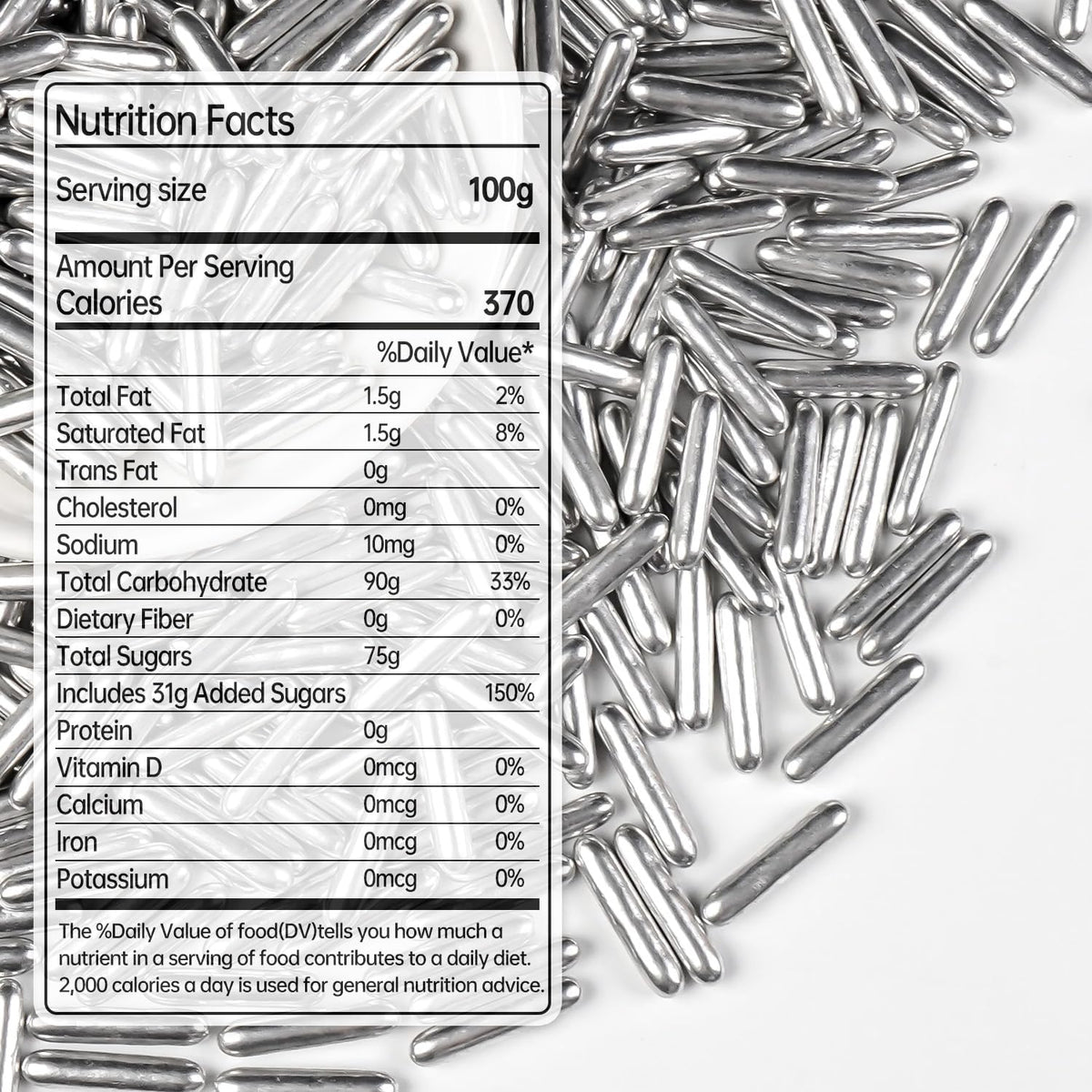 Silver Rods Sprinkles, Sugar Sprinkles For Cake Decorating, 150g/5.29oz, Food Grade, Ice Cream Decoration, Cupcake Toppers, Donuts, Cookies, Holiday, Birthday Party, Christmas Supplies