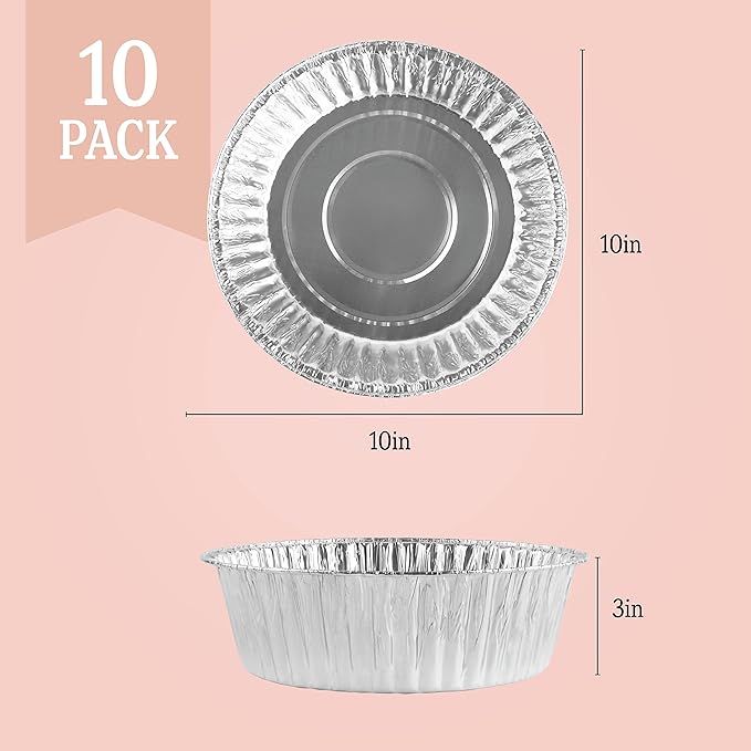PLASTICPRO 10'' Inch Round Tin Foil Pans Disposable Aluminum, Extra Deep Freezer & Oven Safe - For Baking, Cooking, Storage, Roasting, & Reheating, Pack of 10