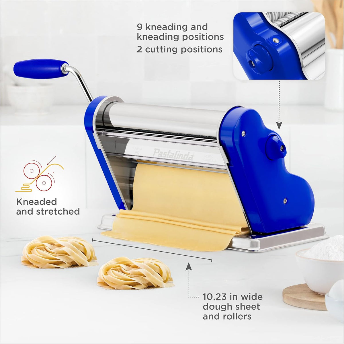 PASTALINDA Classic 260 Pasta Maker Machine, 26 cm Wide Rollers, 9 Thickness Positions, 2 Cutting Positions, Stainless Steel. Includes Reinforced Hand Crank And Two Clamps (Blue)